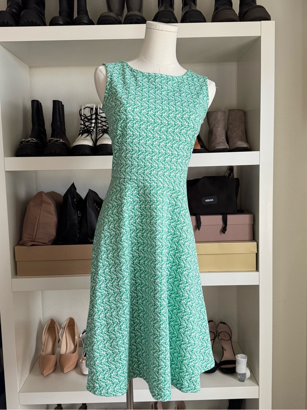 Talbots Green White Glasses Patterned Midi Dress Size XS NWOT